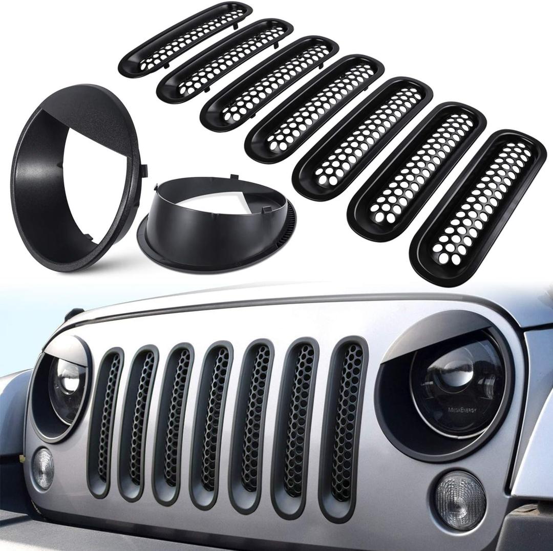 Front Grille Mesh Inserts & Headlight Cover for Jeep Wrangler JK JKU Sport Freedom Rubicon Sahara Unlimited 2007-2018 Exterior Accessories Clip-in Grille Guard Headlight Bezels Trim (Matte Black)