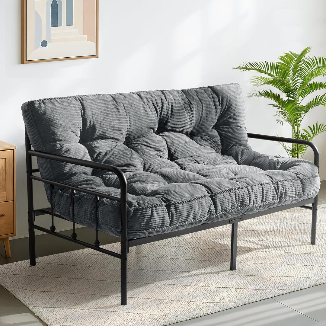 MAXYOYO 6" Futon Mattress Full Size, Tufted Futons Sofa Couch Bed with Twisted Rope Design Edging, Thick Corded Fabric Floor Mattress for Adults, Shredded Foam Filling (Frame Not Included), Dark Grey