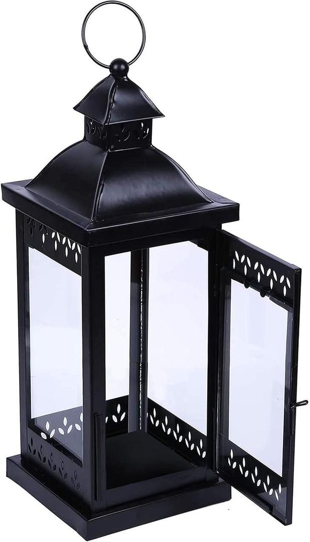 Hosley 15" Clear Glass Iron Lantern - Large Black Classic Style, Decorative Candle Holder for Weddings, Parties, Aromatherapy, Spa, LED Candles, Home Dcor Gift, Black 