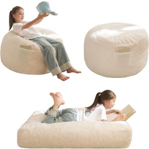 MAXYOYO Bean Bag Chair Bed for Kids, Convertible Bean Bag Folds from Lazy Chair to Floor Mattress Bed, Stuffed Floor Sofa Couch Sofa Bed for Boys and Girls, High-Density Foam Filling, Beige (Faux Fur - Beige)