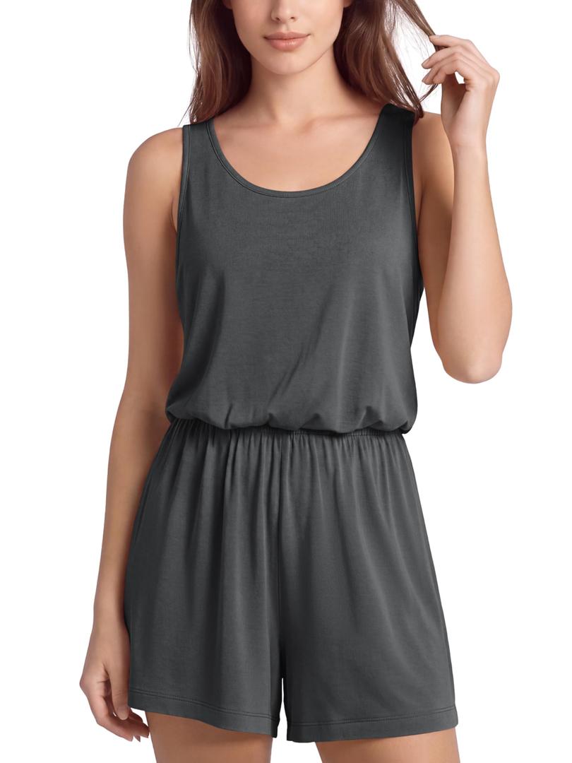 ODODOS Women's Modal Soft Romper with Pockets Elastic Waist Sleeveless Outfit Summer Short Jumpsuits, Charcoal, Large