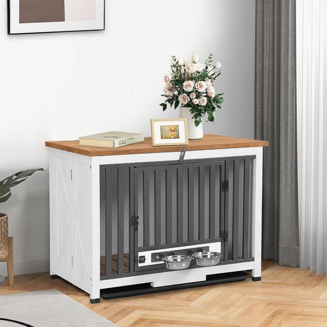 Dog Crate Furniture, Foldable Wooden Dog Kennel Furniture with 360° Rotating Feeding Bowls, Iron Frame Dog Crate with Deepened Sliding Tray, 33" L - White Brown