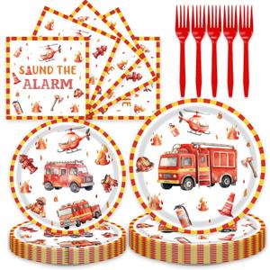 96Pcs Firetruck Birthday Decorations Fire Truck Baby Shower Plates and Napkins Forks Party Supplies Firefighter Birthday Party Decorations (Red)