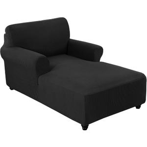 FantasDecor Chaise Lounge Cover Stretch Chair Lattice Slipcover with Armrests for Living Room Bedroom Double Arm Soft Jacquard Fabric Machine Washable, Black
