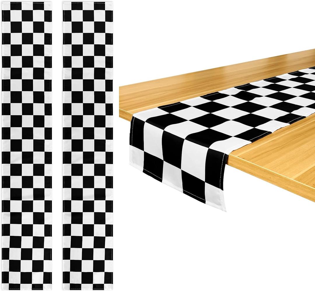 Breling 2 Pack Checkered Table Runner Black and White Tablecloths Racing Flag Polyester Tea Party Table Cloths Car Theme Flag Party Picnic Supplies(12.6 x 72 Inch,Checkered)