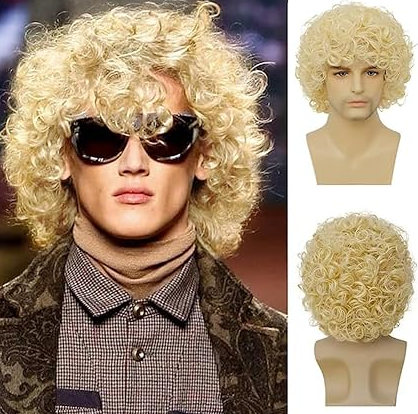 Mens Curly Light Blonde Afro Wig Short Fluffy Rocker Wigs Cosplay Costume Daily Hair Wig for Male Guys