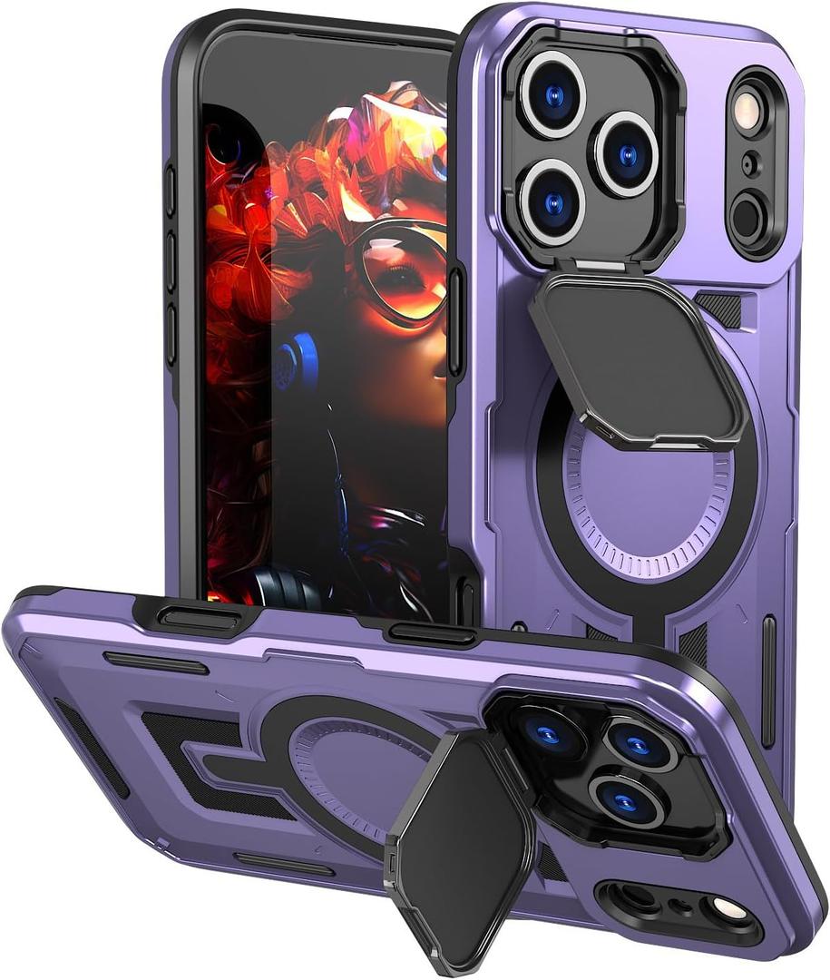 Designed for iPhone 17 Pro Max Case, Full Camera Protection, Built-in Invisible Kickstand, Heavy Duty Rugged Case with Dual-Layer Shockproof, Wireless Charging Compatible (Purple)
