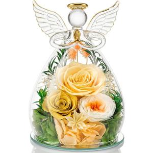 Preserved Rose in Glass Angel Figurine, Mothers Day Gifts for Mom/Wife/Grandma, Forever Flowers Rose Anniversary, Graduation or Birthday Gifts for Women Her (Champagne)