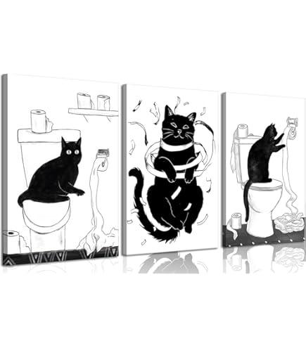 Set of 3 Funny Black Cat Bathroom Canvas Posters (23.5*15.5)
