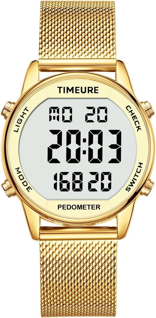 Women's Step Counter Pedometer Watch with Stainless Steel Bracelet, Stylish Design, No App, No Charging Needed for Step, Calorie, Distance, Alarm, Countdown TimerTU-2401 (Gold)