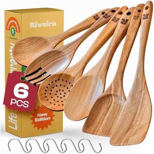 Pack Of 2 Riveira's 6-Piece Kitchen Essentials - Wooden Spoons for Cooking and Comprehensive Cooking Utensils Set