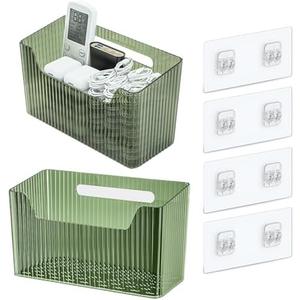 Set Of 2 Storage Organizer Bins Wall Mounted Shower Basket, Shower Caddy Stackable Clear Plastic Makeup Organizer Adhesive Hanging Bin for Bathroom, Kitchen, Cabinet, Pantry, BPA Free, Green