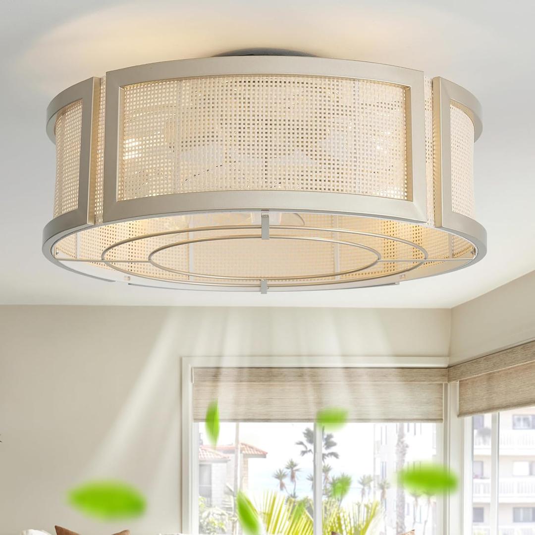 20" Boho Ceiling Fans with Lights, Rattan Flush Mount Ceiling Fan with Light Remote Control with Caged 6 Speeds for Bedroom, Nursery, Living Room (Gold) (Yellow)