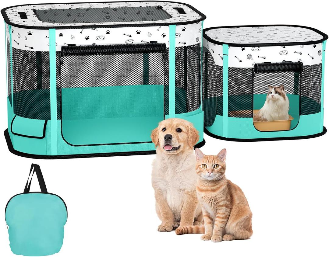 Portable Cat Playpen, 8-Rod Reinforced Kitten Dog Playpens, Foldable Play Pen for Indoor Cats Enclosed Pet Puppy Doggy Outdoor, Collapsible Tent Kennel Cage House(32"x24"x22") (Green)
