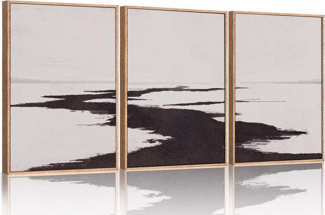 KAIRNE Abstract Neutral Lake Framed Wall Art Set, Neutral Shape Wall Painting, Abstract Black and Grey Landscape Wall Decor, Modern Watercolor Art Print for Living Room, Bedroom, Office - 24"x36"x3