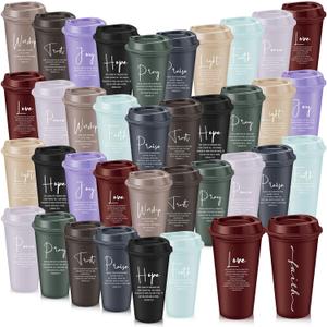 LemonRoad 40 Pcs Christian Gifts for Women Men 16 oz Christian Plastic Coffee Cups with Lids Double Sided Scripture Bible Verse Religious Tumblers Mugs for Church Appreciation Gifts(Morandi Color)