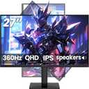 CRUA 27'' Gaming Monitor 360HZ 2k 1440P 120%sRGB IPS Computer Display Screen, Height/Pivot/Swivel/Tilt Adjustable Vertical Monitor Support FreeSync,Built in Speaker, DP1.4 & HDMI2.1, Wall Mount-Black