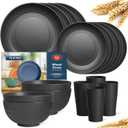 Teivio 16-Piece Kitchen Plastic Wheat Straw Dinnerware Set, Service for 4, Dinner Plates, Dessert Plate, Cereal Bowls, Cups, Unbreakable Plastic Outdoor Camping Dishes, Black