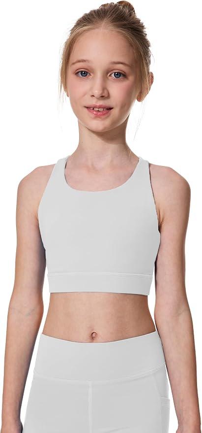 AugIris Girls Sports Bra Training Scoop Neck Cross Back Bras for Teens Kids Sports Comfort Girls Bra Tops White, 5-6Y