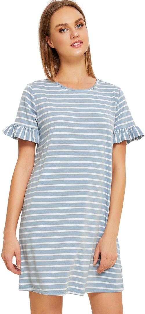 Floerns Women's Summer Casual Ruffle Short Sleeve Tunic Striped T-Shirt Dress (Medium)