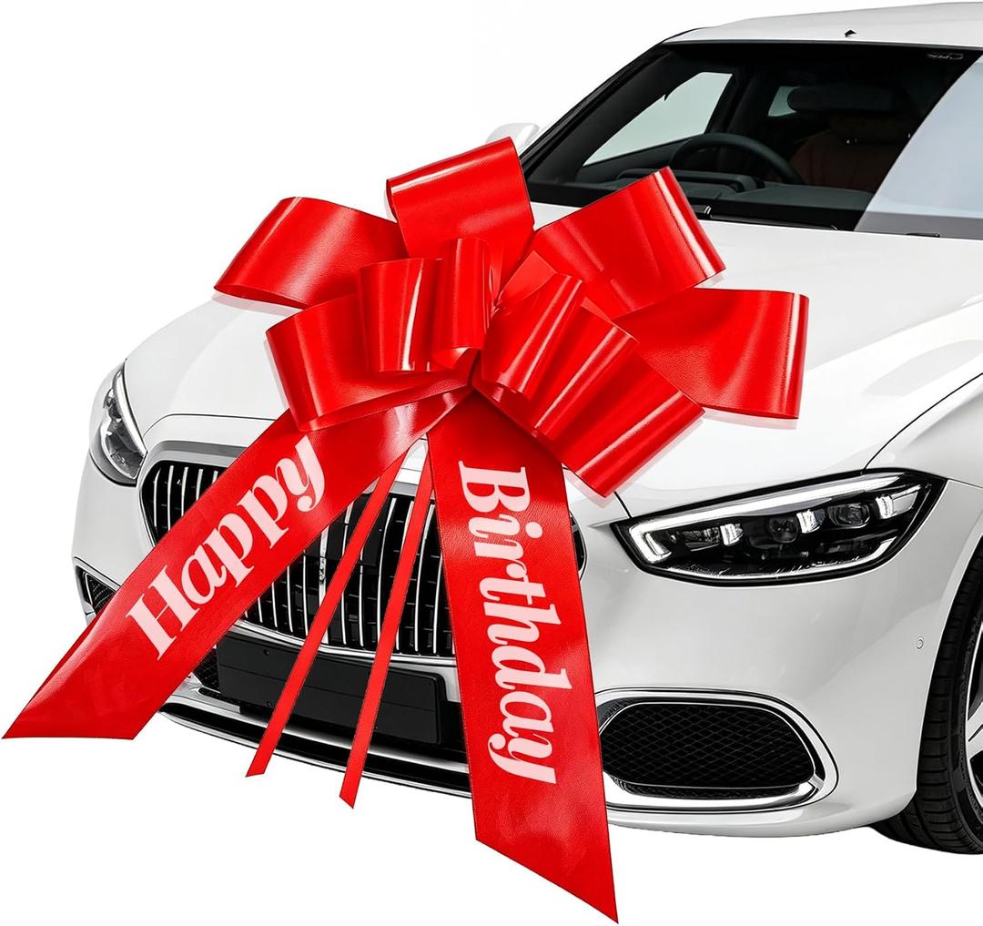Happy Birthday Car Bow 30Inch Big Red Bow for Car Giant Large Cars Bows Red Gift Wrapping Bows with Suction Cup and Adhesive Sticker Huge Pull Bowss for Bike Present Graduation Birthday Surprise Party