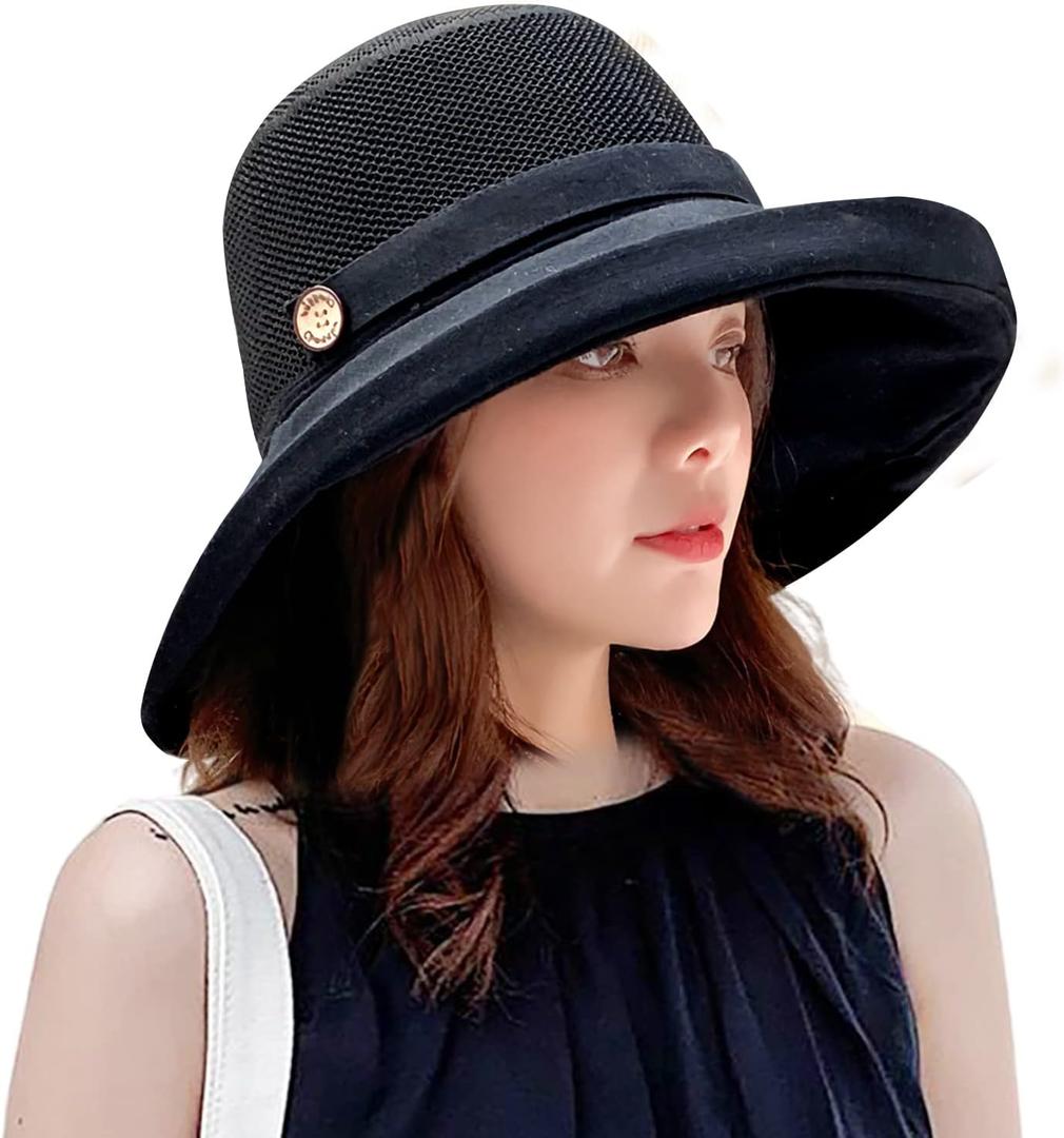 Women Wide Brim Sun Hats Metal Wired Edge Summer UV Protection Beach Fishing Hat for Hiking Garden Travel Chin Strap (One Size, B2-fyu001-black)