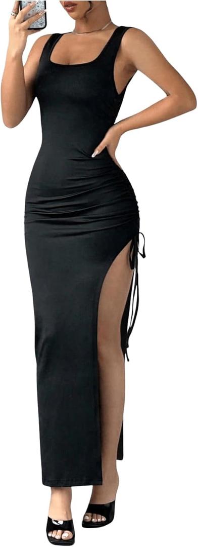 Verdusa Women's Y2k Maxi Dress High Slit Side Drawstring Knit Bodycon Dresses Black Small (Black)