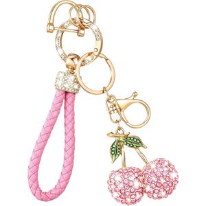Nosiny Rhinestone Cherry Keychain Gift Pink Car Key Chains Bag Charm Crystal Cherry Purse Charm for Women Girls Mom Gift