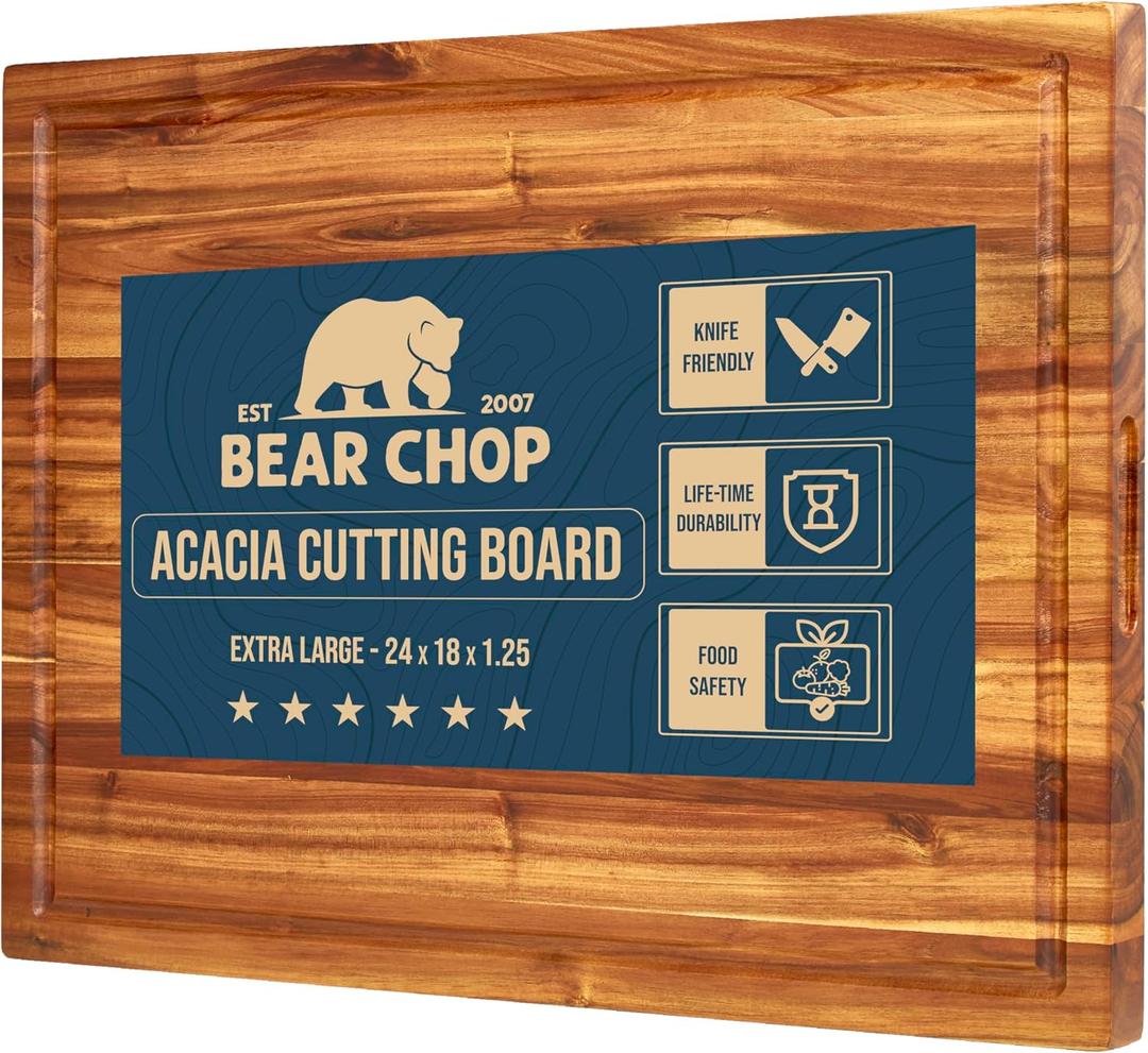 Bearchop Acacia Wood Cutting Boards for Kitchen, [24" x 18" x 1.25"] Large Wood Cutting Board, Solid Wood Butcher Block Cutting Board with Juice Grooves and Handle,Knife Friendly and Reversible