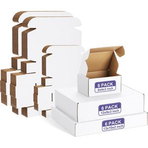 Eupako 18 Pack Small Shipping Boxes Assorted Sizes, 6x4x3, 12x9x3, 13x10x2-6 PCS Each Small Boxes, White Corrugated Box Mailers, Cardboard Boxes for Packaging Small Business, Mailing