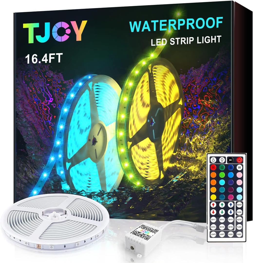 TJOY Waterproof LED Light Strips 16.4ft, IP65 Outdoor LED Strip Lights Waterproof with 44 Key IR Remote, Color Changing RGB Lighting for Bedroom TV Kitchen Indoor/Outdoor Decor(16.4ft x 1)