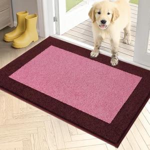 PURRUGS Dirt Trapper Door Mat 24" x 36", Non-Slip/Skid Machine Washable Entryway Rug, Shoes Scraper, Throw Rug, Super Absorbent Area Rug for Muddy Wet Shoes and Paws, Pink & Burgundy Red