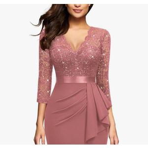 Miusol Women's Retro V Neck Floral Lace Ruffle Style Cocktail Party Dress L