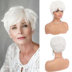 Haloo Silver Short Wigs for Women Old Lady Granny Curly Fluffy Natural Layered Haircut Synthetic Heat Resistant Hair Wig for Party Daily