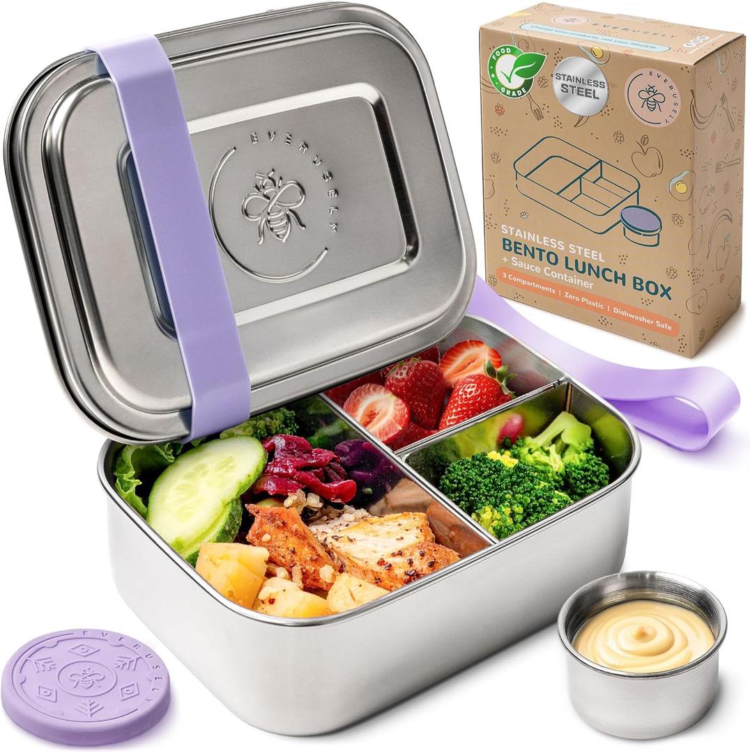 Everusely - Bento Box - Lavender, 27oz / 0.8 L - Stainless Steel Lunch Box with Leakproof Condiment Container - 3 Compartment Snack Organizer for On the Go Meals - Freezer & Dishwasher Safe Everusely - Bento Box - Lavender, 27oz / 0.8 L - Stainless Steel Lunch Box with Leakproof Condiment Container - 3 Compartment Snack Organizer for On the Go Meals - Freezer & Dishwasher Safe