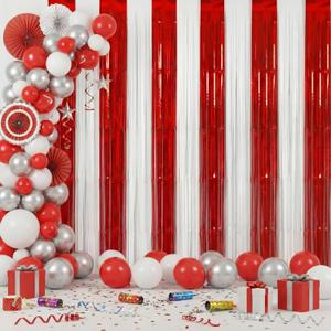 2 Pack Red White Tinsel Foil Fringe Curtains Circus 3.288.20 ft Metallic Streamers Tinsel Curtains Background for Graduation Birthday Wedding Party