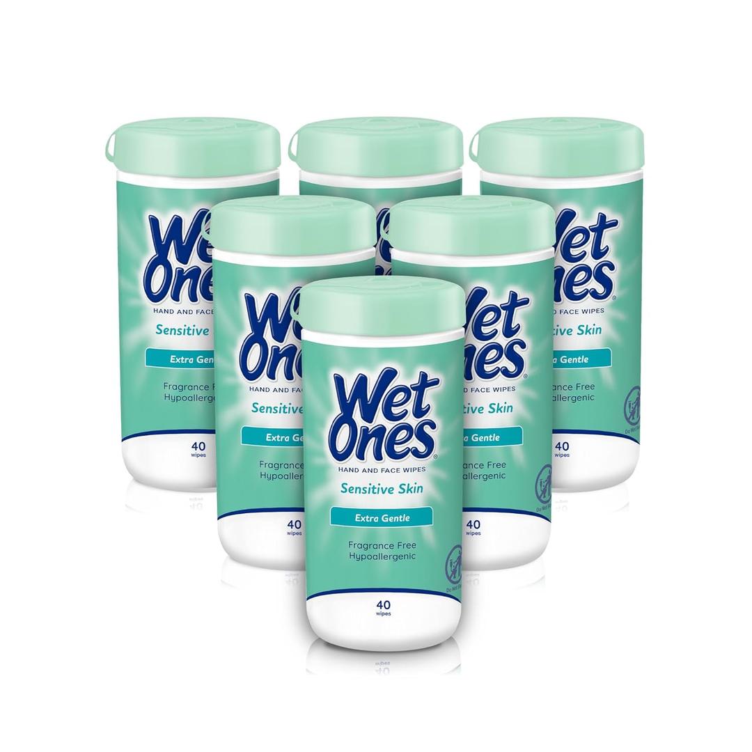 Wet Ones Hand and Face Wipes, Sensitive Skin, Unscented, Hand and Face, 40ct Canister (6 pack)