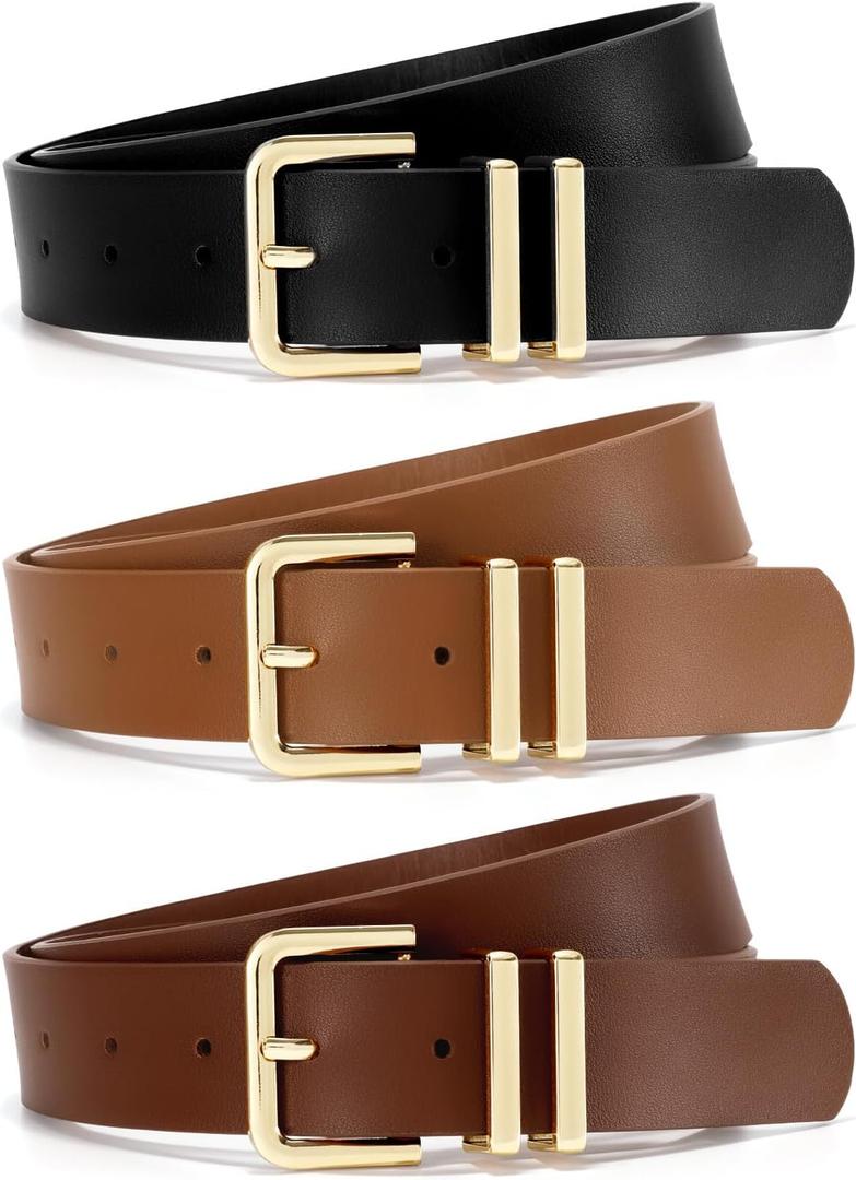 3 Pack Women Leather Belt for Jeans Dresses Pants 1.3 inches Fashion Ladies Waist Belts Gold Silver Buckle (04-black+brown+coffee) Fit waist 36-41 inches