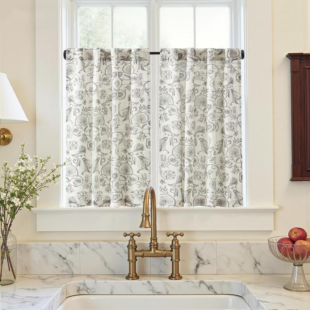 jinchan Small Window Curtains 36 Inch Linen Floral Curtain Set for Kitchen Bathroom Cafe Curtains Light Filtering Window Treatment Farmhouse Cottagecore Back Tab Drapes 2 Panels Grey on Beige