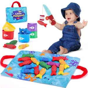 Hahaland Montessori Toys for 1 Year Old Boy Girl Birthday Gift - 10 in 1 Cloth Fishing Game Easter Basket Stuffers for Toddler Toys 1-3 with Stacking Cups - Number Counting, Color Sorting Learning