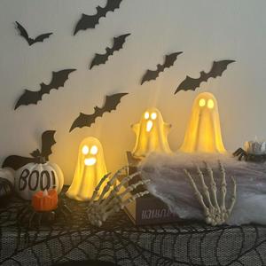 3 Pack Halloween Ceramic Ghost Decor, Light Up Ghost Halloween Decor, Cute Ghost Figurines for Table Tray Fireplace Home Indoor Decoration