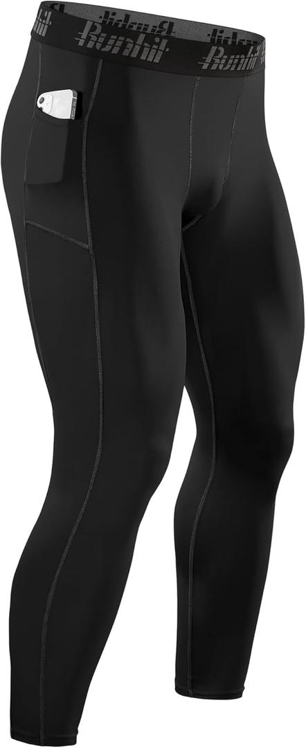 Runhit Mens Compression Pants Running Tights Pockets Sports Leggings Spandex Workout Cycling Athletic Thermal Black Large