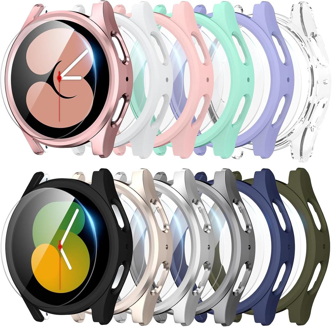 [12+12] Pack for Samsung Galaxy Watch 5/4 Screen Protector Case 44mm, Hard PC Bumper + Anti-Fog HD Tempered Glass Film, Waterproof Protective Face Cover Set(12 Colors)