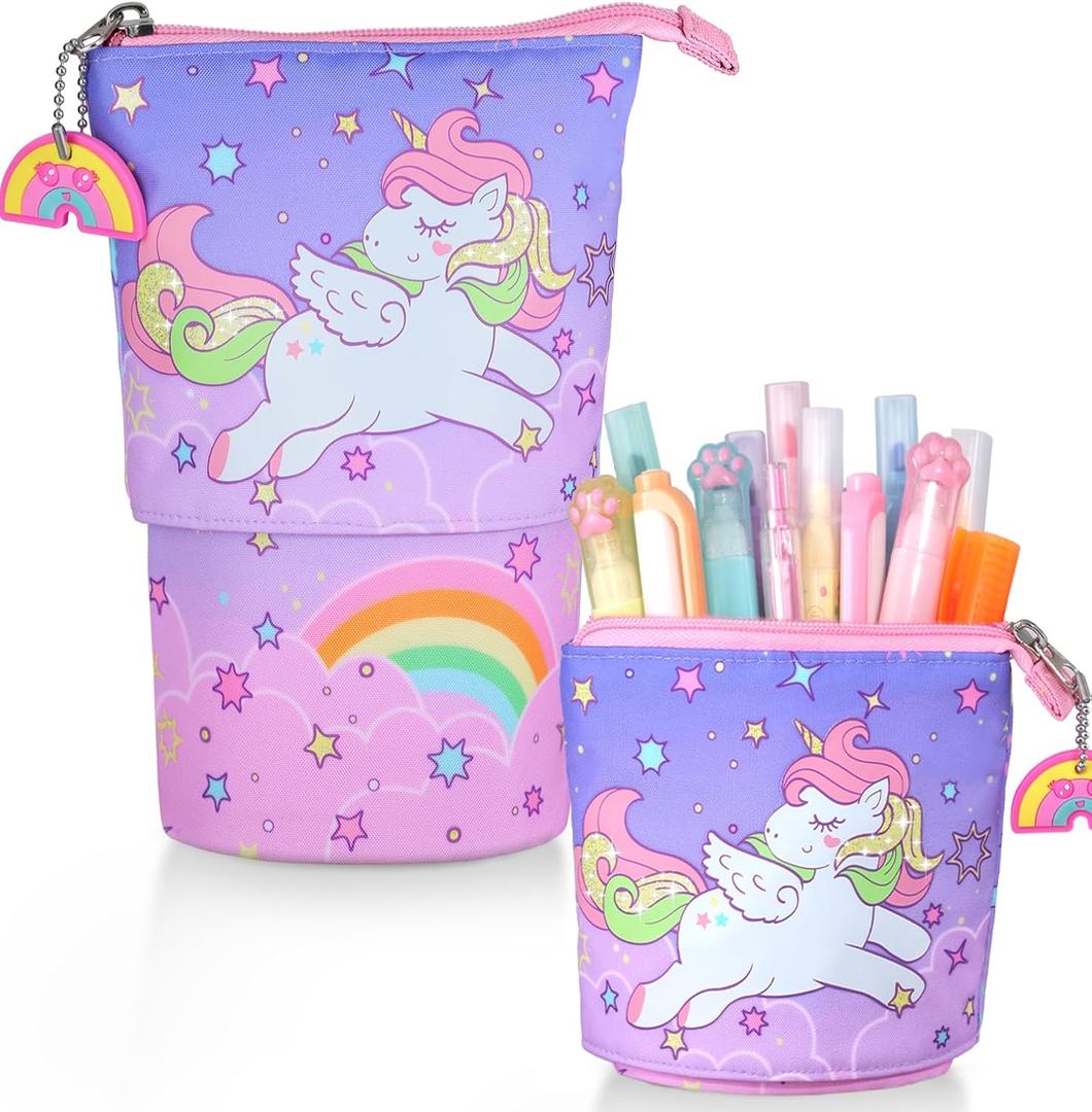 2 x Standing Pencil Case for Kids - Back to School Stuff, Cute Unicorn Telescopic Zipper Pencil Case Aesthetic, Large Capacity Stand up Pen Bag, Portable Pen Holder, Study Supplies for Students