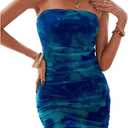 BEAUDRM Women's Tie Dye Strapless Backless Bandeau Pencil Dress Knit Mesh Bodycon Tube Dresses Ruched Mini Dress (Blue, XL)