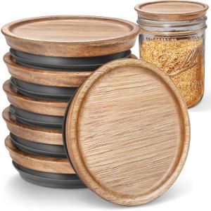 6-Pack Wide Mouth Wooden Mason Jar Lids for Ball/Mason Jars, Reusable Acacia Wood Mason Jar Lids with Airtight Silicone Seal Perfect for Dry Food Storage (Brown)