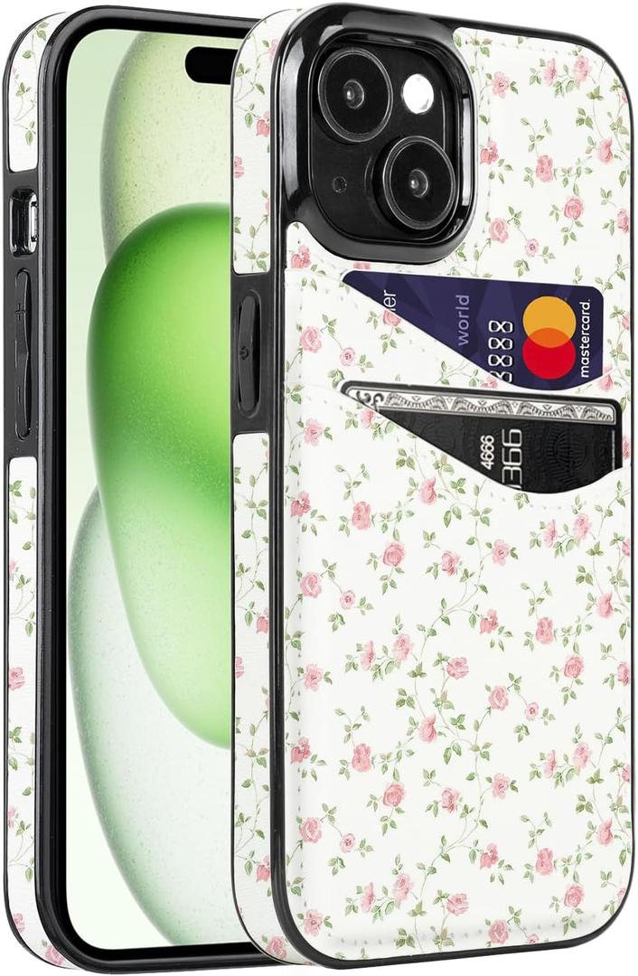 For iPhone 15/14/13 6.1 inch Case with Card Holder Soft Leather Wallet Case Protective Shockproof Hard Cover for Women Man (Pink Floral, iPhone 13/14/15 6.1 inch)