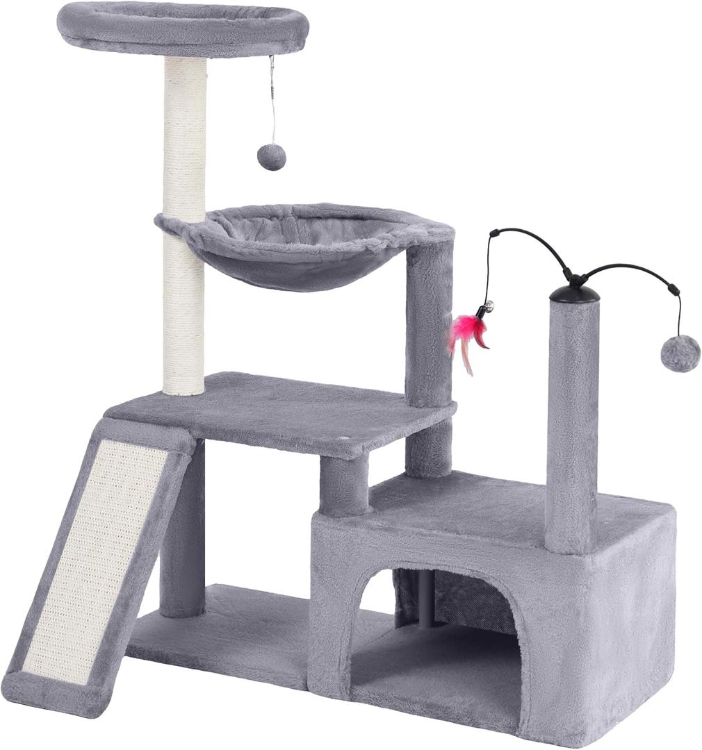 YUNIQUE Multi-Functional Cat Tree Tower, Big Cat Condo with Scratching Board, Rotating Toy & Deep Hammock, Luxury Perch Kitty Furniture for Indoor Cats (Grey)