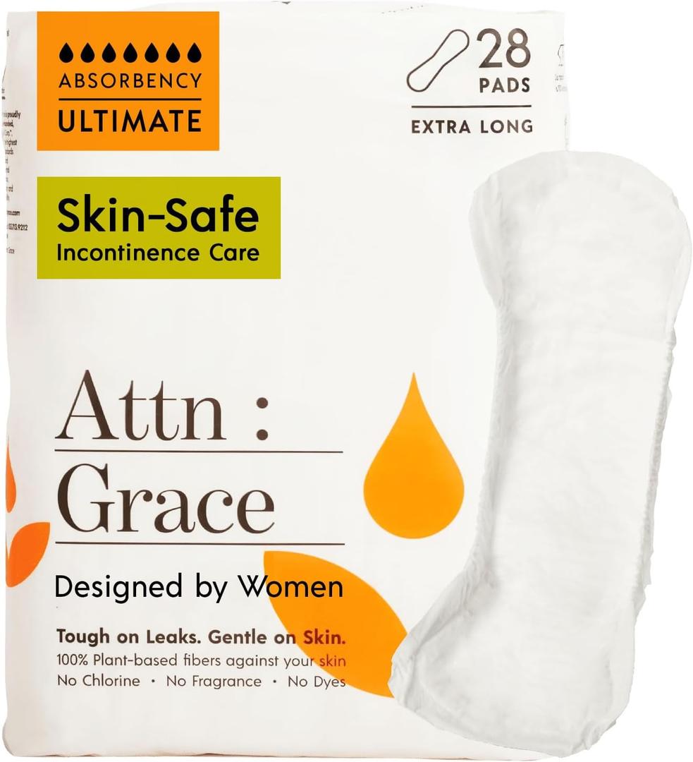 Attn: Grace Ultimate Incontinence Pads for Women, 28-Pack - Plant-Based, High Absorbency, Breathable - Overnight Pads for Heavy Bladder Leaks & Sensitive Skin