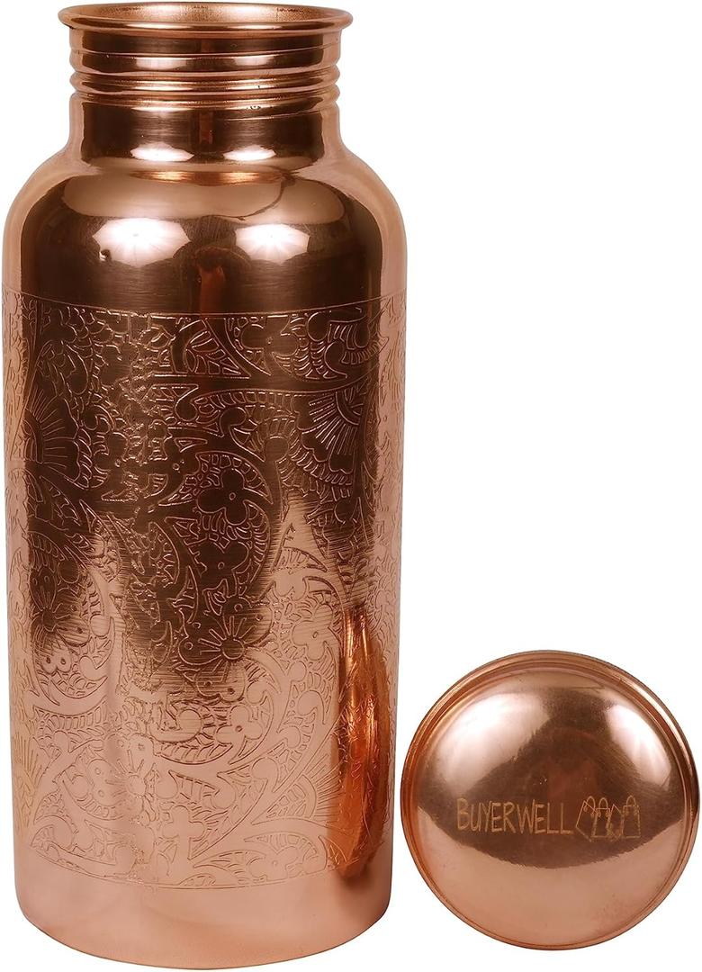 Pure Copper Embossed Water Bottle 17 Oz with Lid Ayurvedic Water Bottle Copper Water Vessel Small Leak Proof Seamless Finish